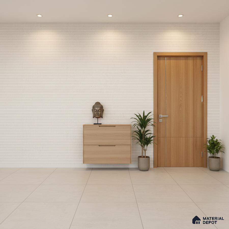 Minimalist foyer with light oak laminate console, white textured wall tile, and beige floor tile