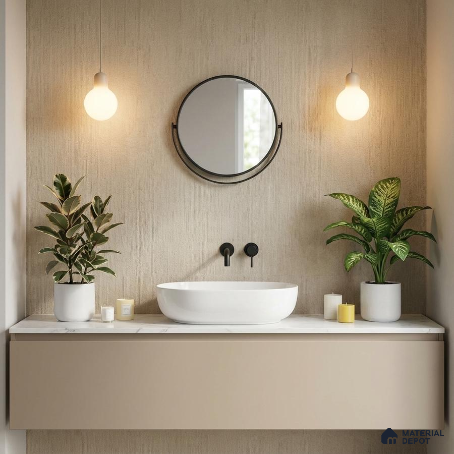 Minimalist bathroom with beige matte laminate vanity and textured beige wall panel