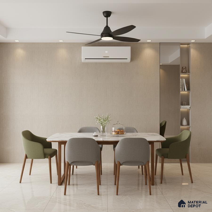 Minimalist dining room with beige textured wall panels, marble top dining table, and glossy beige floor tiles