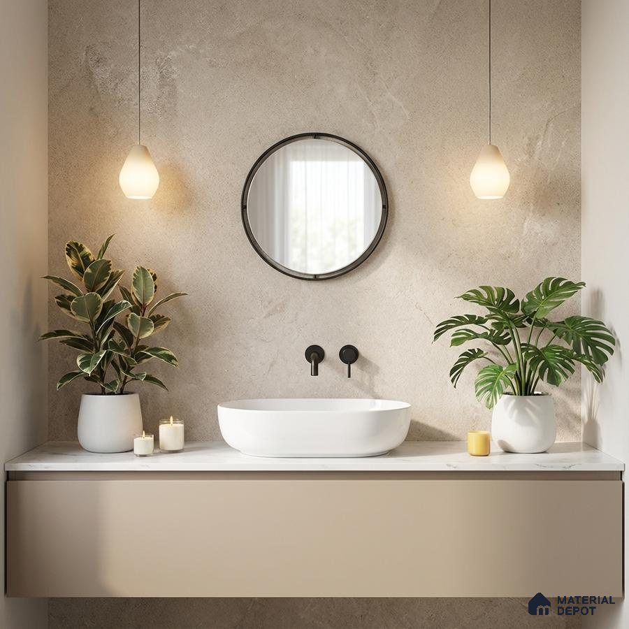 Minimalist bathroom with beige matte vanity, white marble countertop, and stone-look wall tile