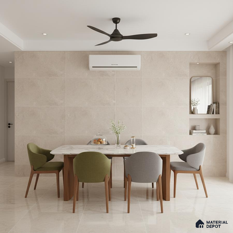 Minimalist dining room with beige marble-look tiles and white marble dining table