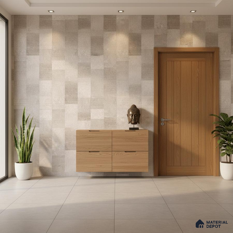 Minimalist foyer with beige textured wall tiles and light oak laminate console