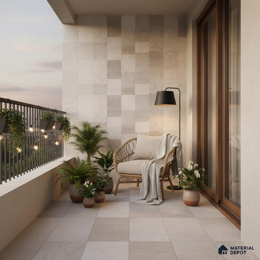 Scandinavian balcony with beige stone look wall tiles and neutral ceramic floor tiles