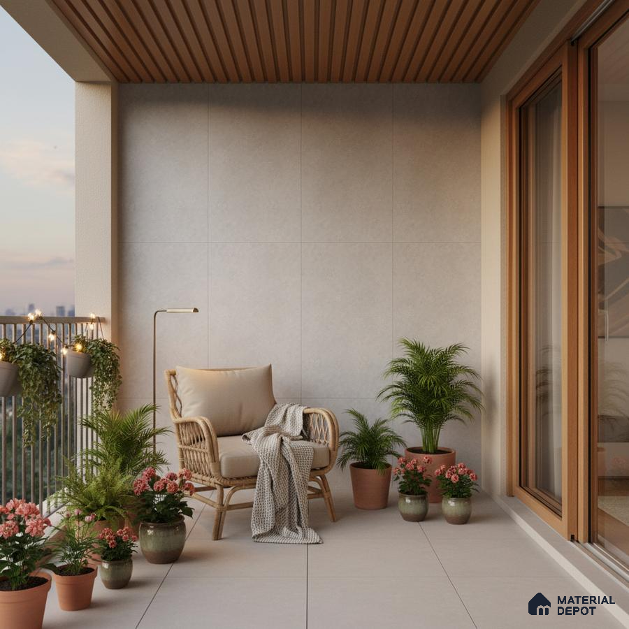Scandinavian balcony with beige floor tiles, light wood ceiling louvers, and neutral wall tiles