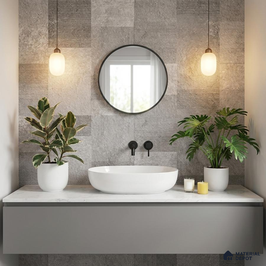 Minimalist bathroom with grey stone wall tiles and white marble countertop