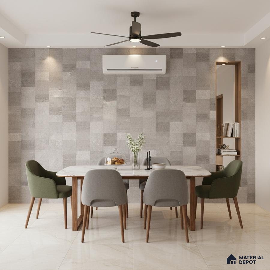 Modern dining room with grey textured wall tiles and marble look floor tiles