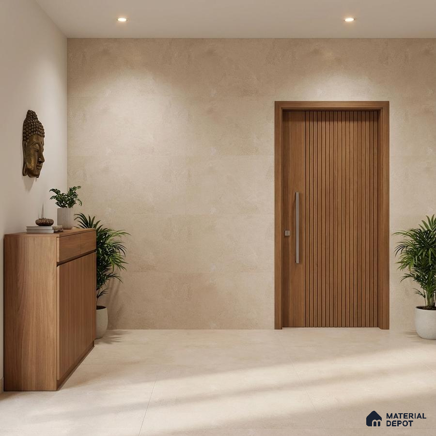 Minimalist foyer with beige stone wall tiles, wooden laminate door, and console