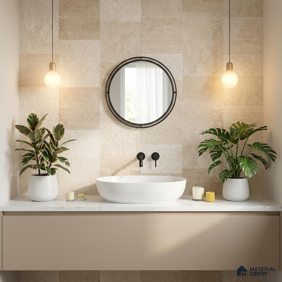 Minimalist bathroom with beige stone wall tiles and white marble countertop