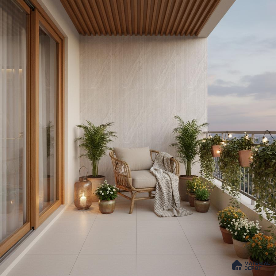 Scandinavian balcony with beige floor tiles, wooden ceiling louvers, and rattan chair