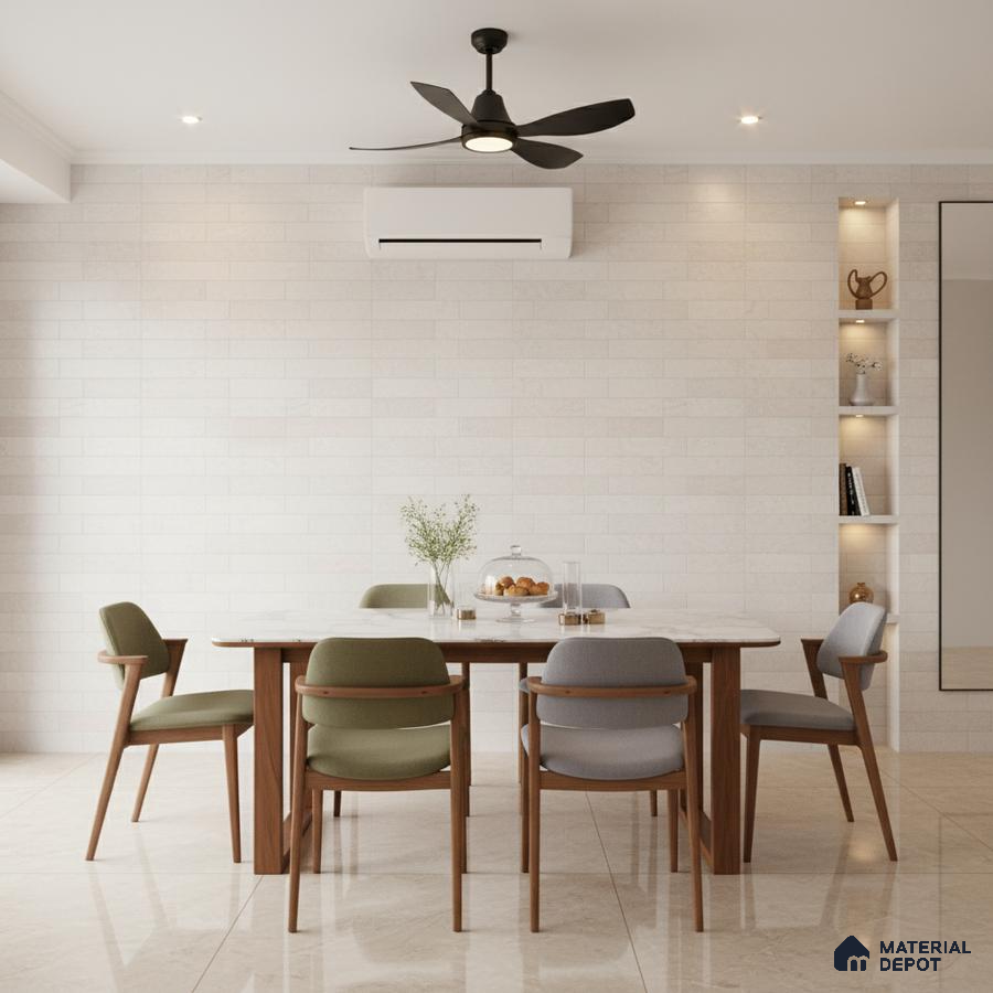Scandinavian dining room with beige stone wall tiles, marble-look floor tiles, and pastel upholstered chairs