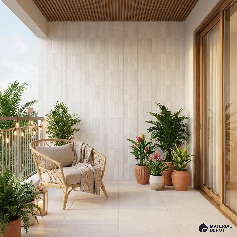 Scandinavian balcony with beige stone wall tiles, light ceramic floor tiles, and wooden ceiling louvers