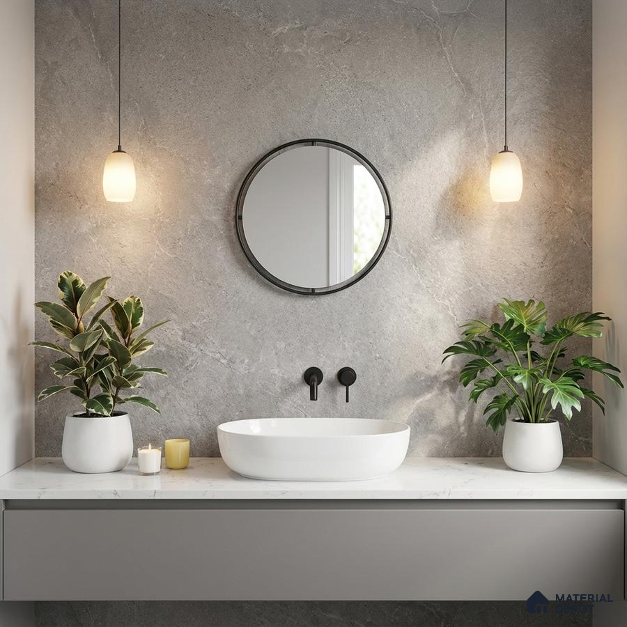 Minimalist bathroom with grey stone wall tile and white marble countertop