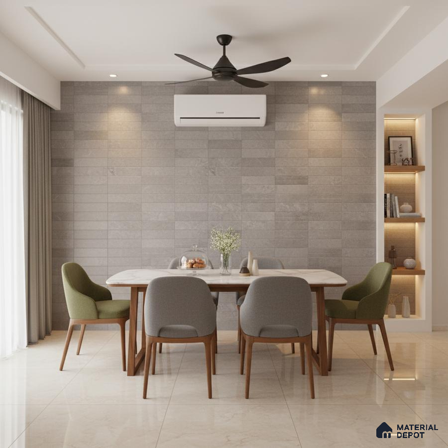 Modern dining room with grey stone wall tiles, marble tabletop, and beige floor tiles