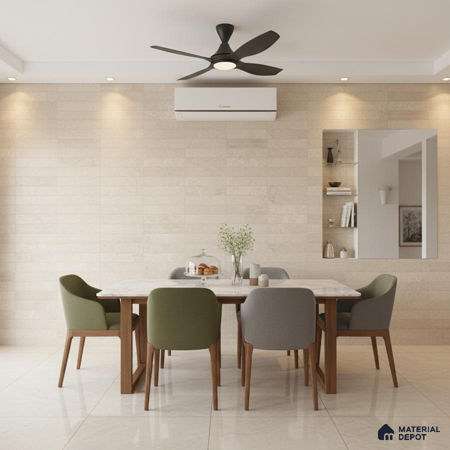 Modern dining room with beige stone wall tiles, marble tabletop, and wooden dining chairs