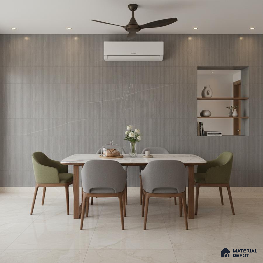 Minimalist dining room with grey textured wall tiles, marble-look floor tiles, and wooden dining set