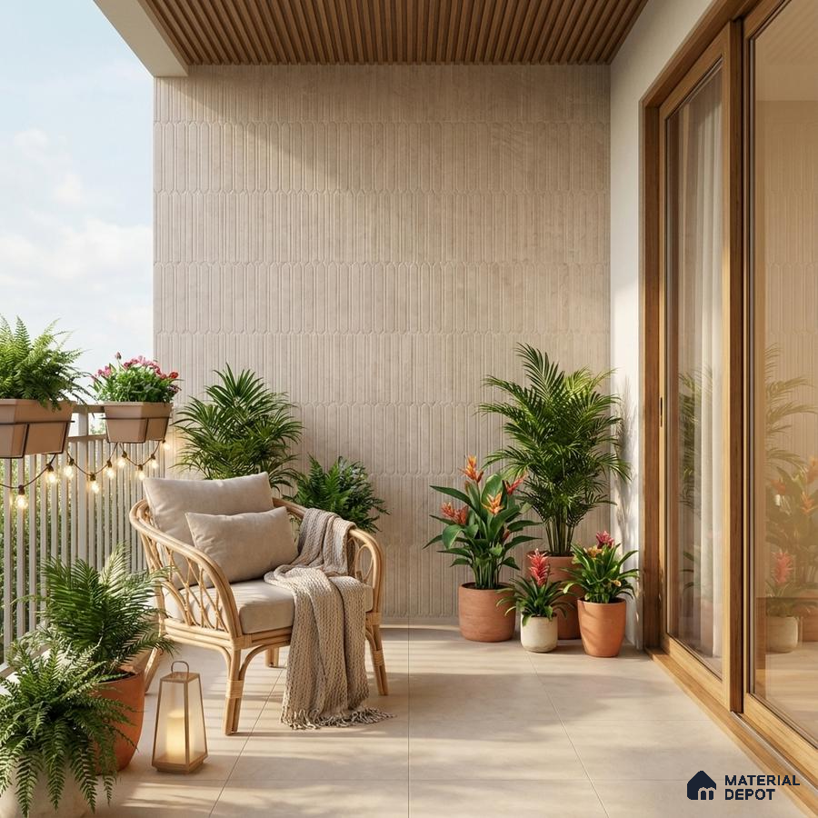 Scandinavian balcony with beige textured wall tile, wooden ceiling louvers, and light beige floor tiles
