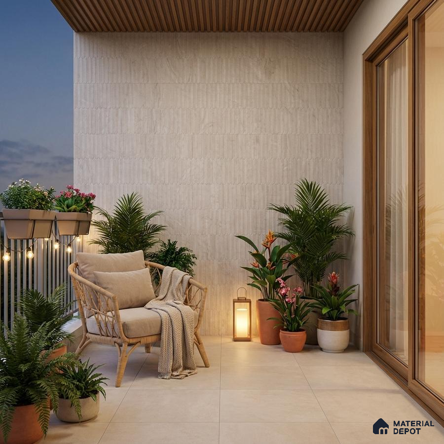 Scandinavian balcony with beige stone floor tiles, ribbed wall tiles, and wooden ceiling louvers
