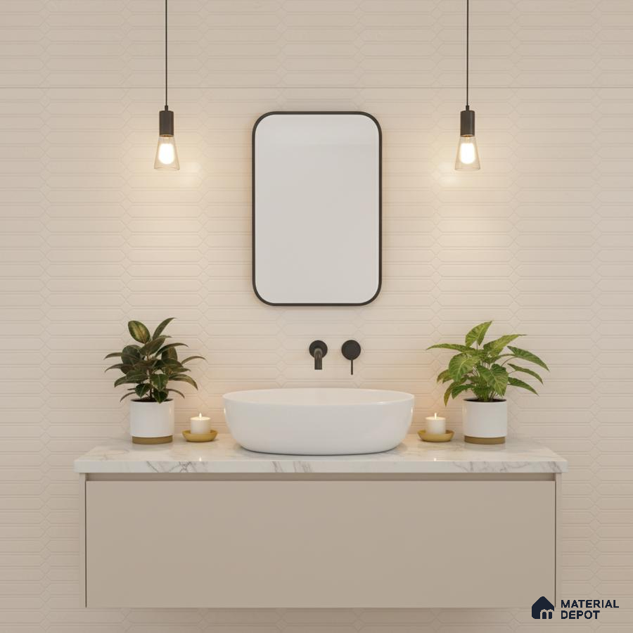 Minimalist bathroom with beige geometric wall tiles and white marble countertop vanity