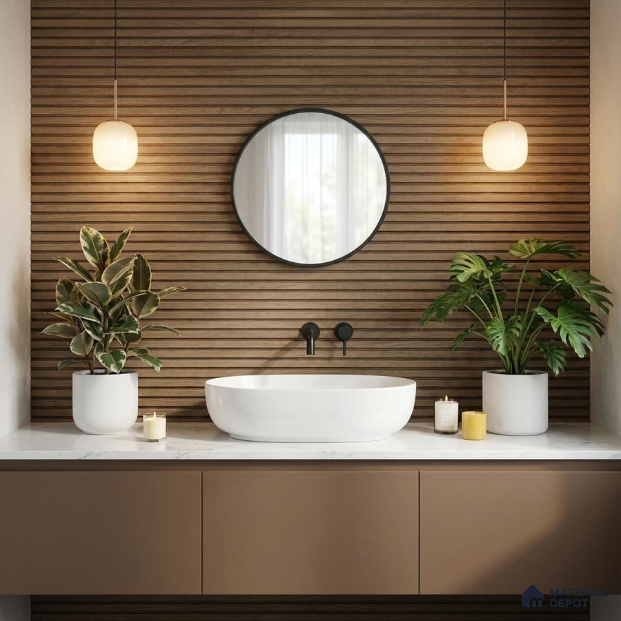 Scandinavian bathroom with wood fluted wall panels and white marble countertop