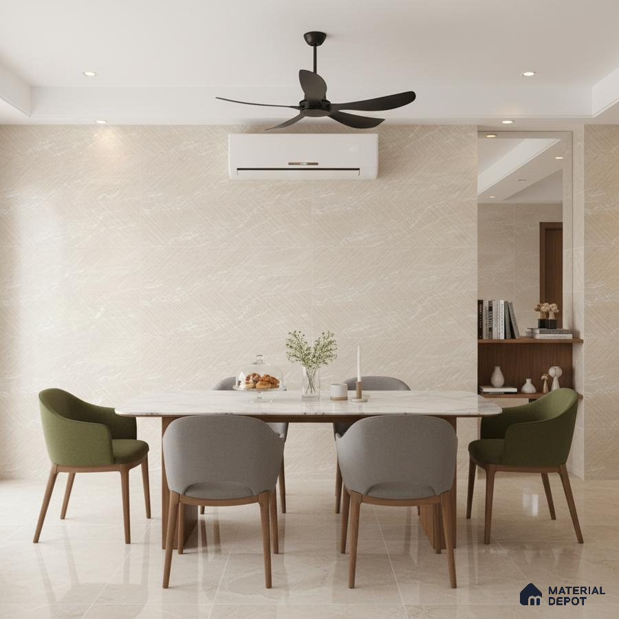 Modern dining room with beige marble-look wall tiles, marble tabletop, and light beige floor tiles