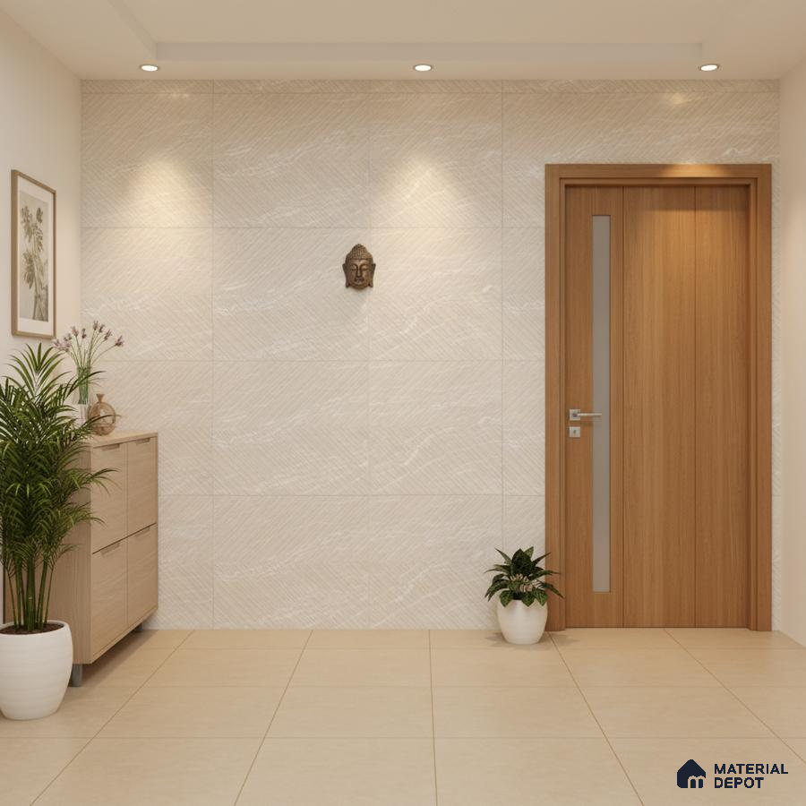 Minimalist foyer with beige textured wall tiles, light wood door, and cream floor tiles