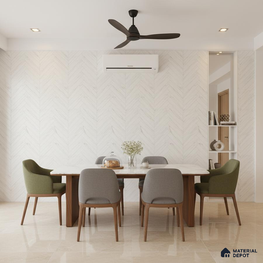 Scandinavian dining room with marble look chevron wall tile and beige polished floor tile