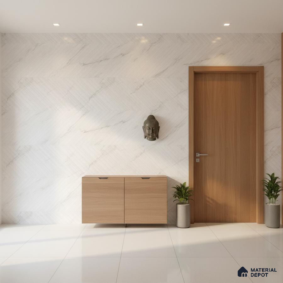 Minimalist foyer with white marble-look wall tiles, light oak laminate console, and white floor tiles
