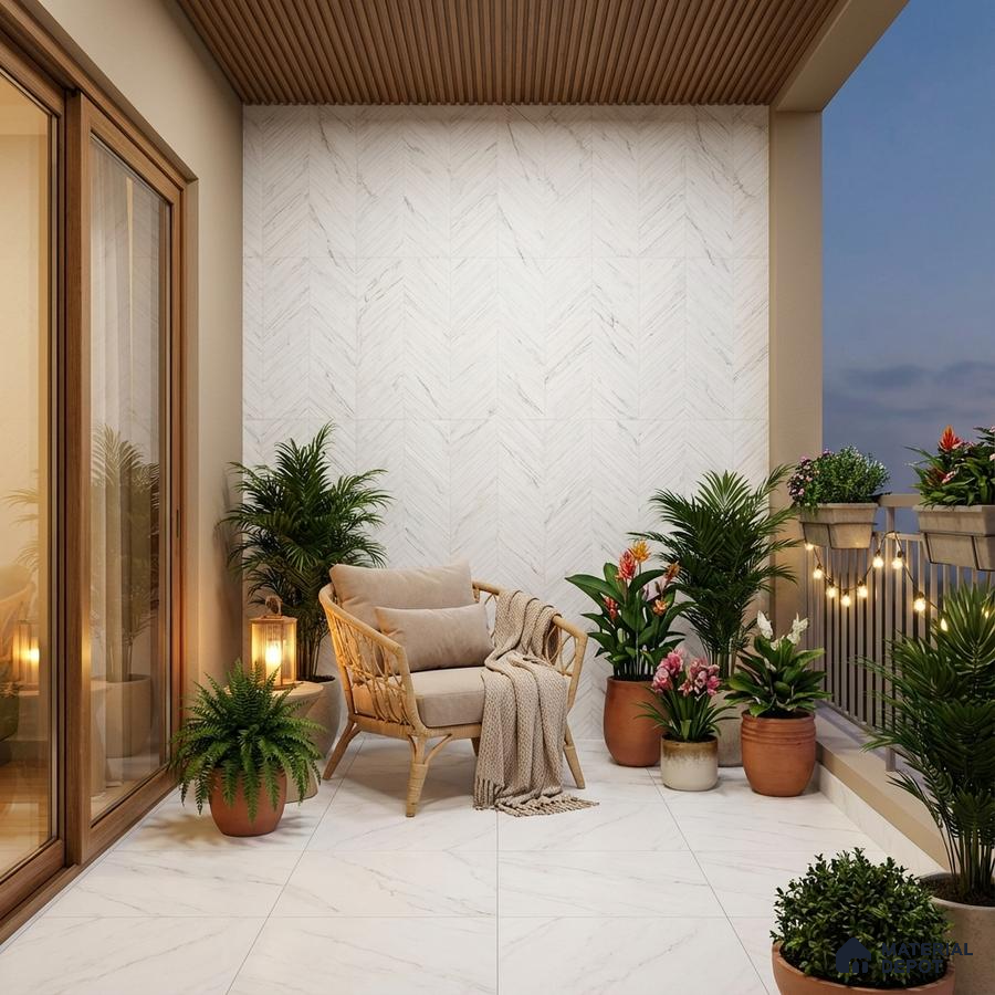 Scandinavian balcony with white marble look floor tiles and herringbone wall tiles