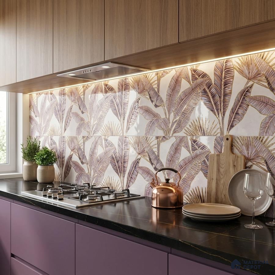 Modern kitchen with tropical leaf highlighter backsplash tile, matte plum laminate, and black marble countertop