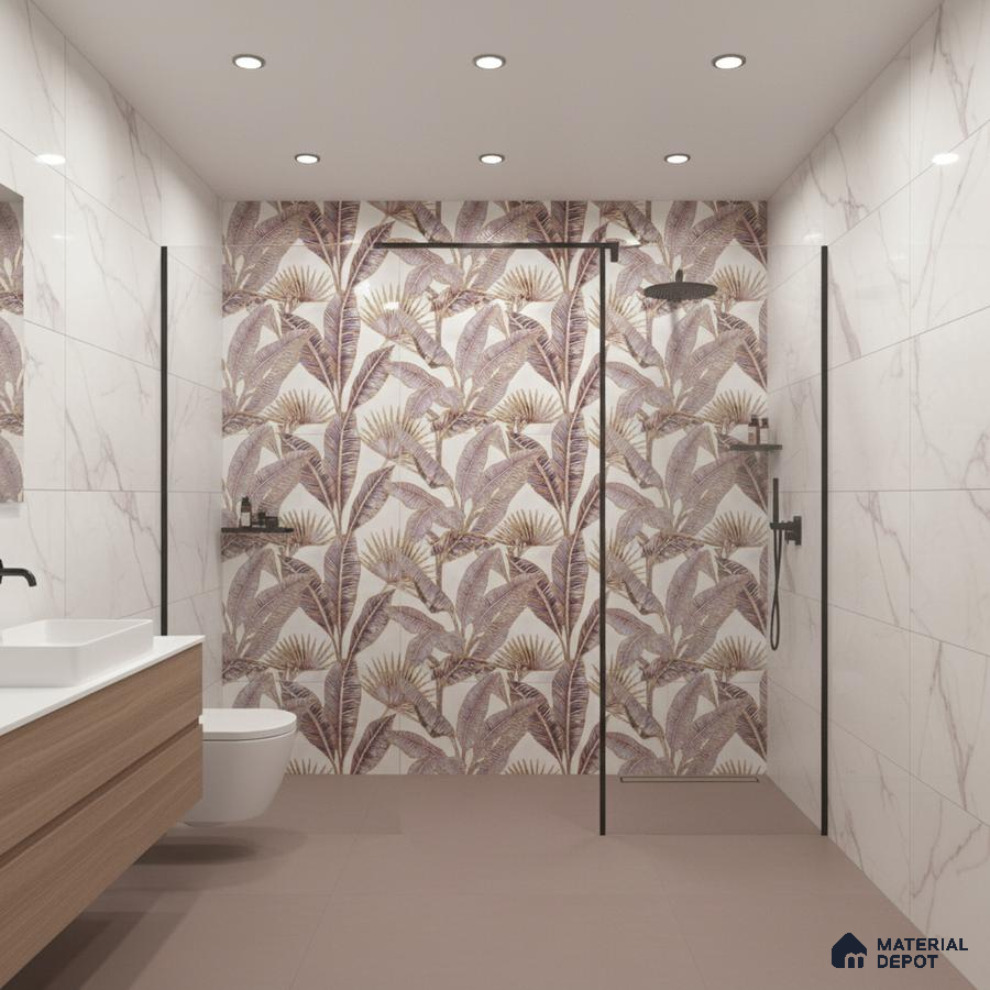 Modern bathroom with tropical floral highlighter wall tile, marble wall tiles, and matte taupe floor tiles