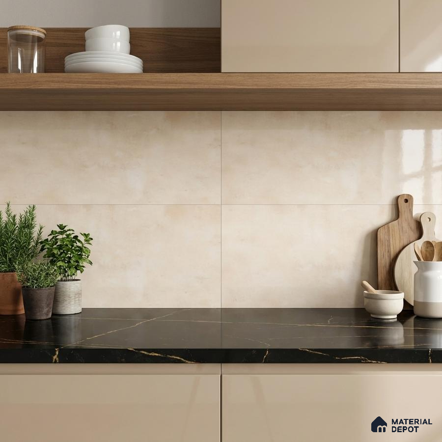 Modern kitchen with beige laminate cabinets, black marble countertop, and cream stone-look backsplash tiles