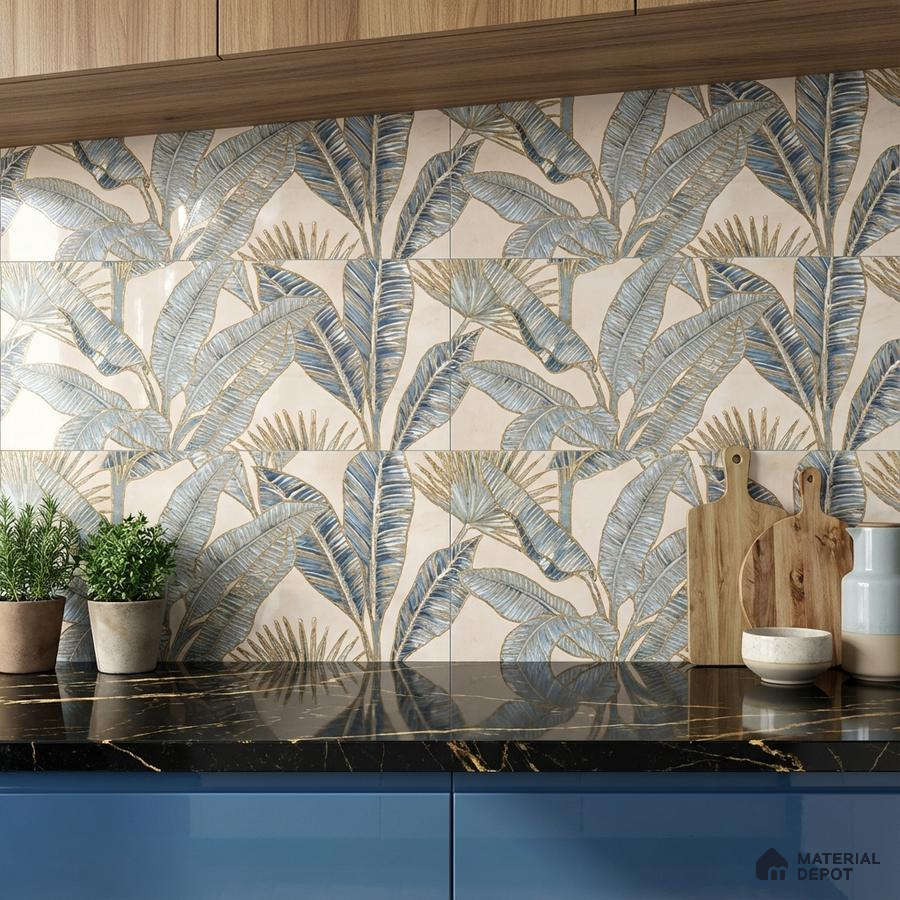 Modern kitchen with tropical leaf patterned backsplash tile, black marble countertop, and blue laminate cabinets