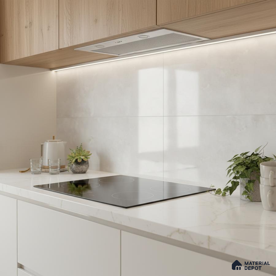 Modern kitchen with light oak laminate cabinets, white marble-look quartz countertop, and large format marble-look backsplash tile