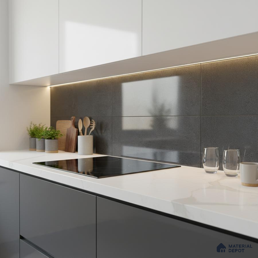 Minimalist kitchen with white marble-look quartz countertop and matte black backsplash tile