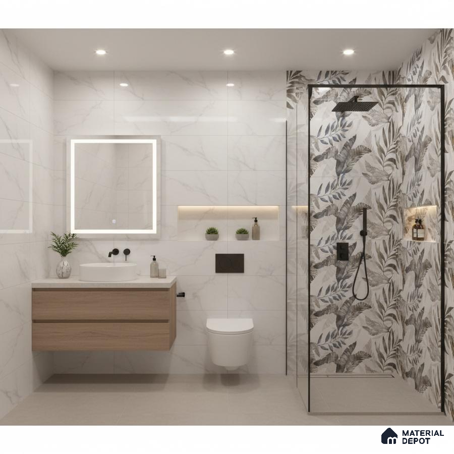 Modern bathroom with marble-look wall tiles, botanical highlighter shower tiles, and light wood floating vanity