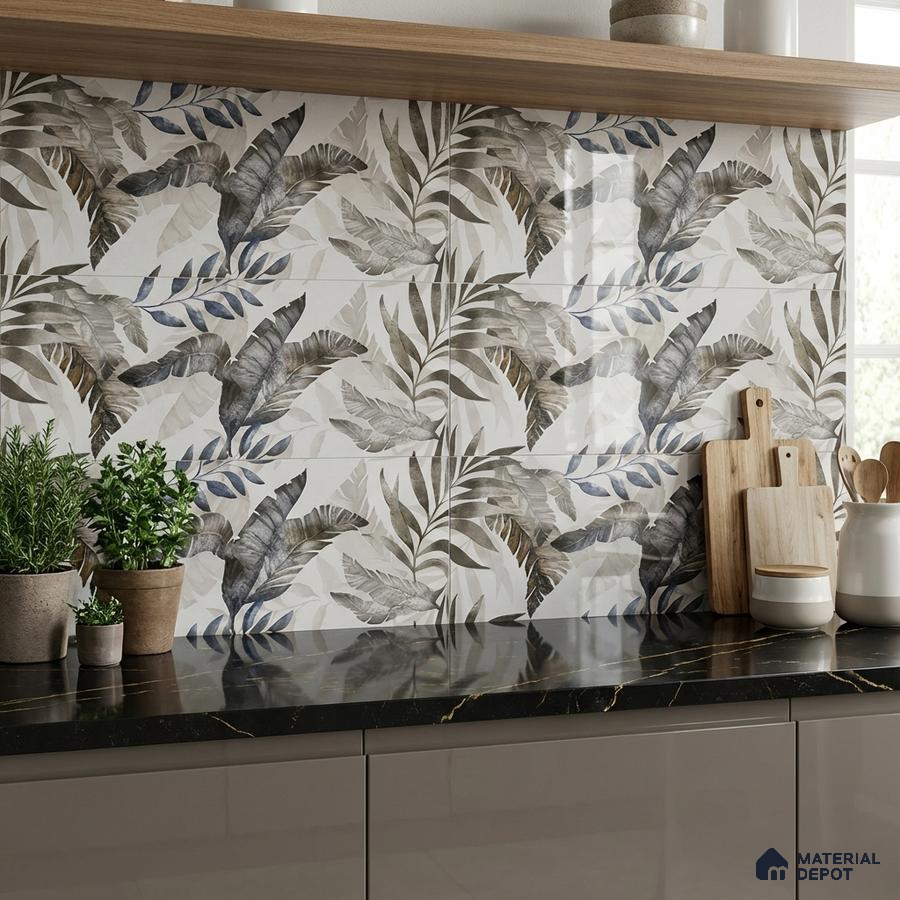 Modern kitchen with tropical floral highlighter backsplash tile and black marble countertop