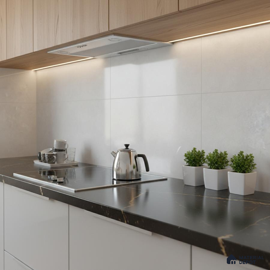 Modern kitchen with black marble-look countertop, light wood laminate cabinets, and large white wall tiles