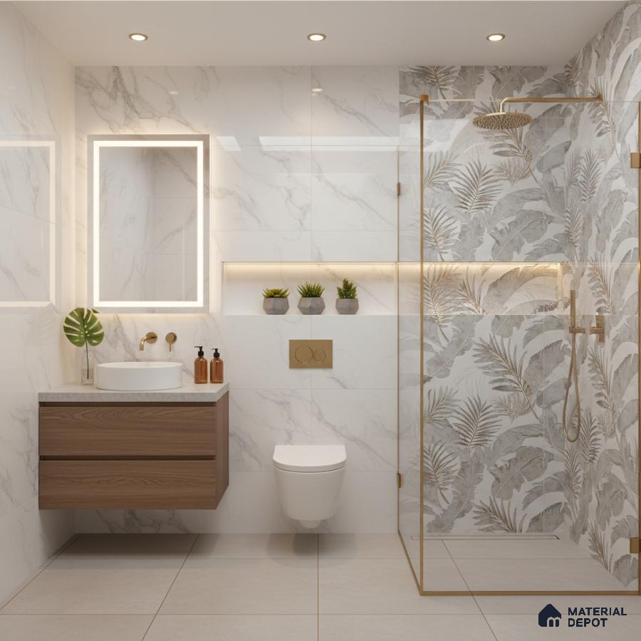 Modern bathroom with marble-look wall tiles, tropical patterned highlighter tiles, and floating wood vanity