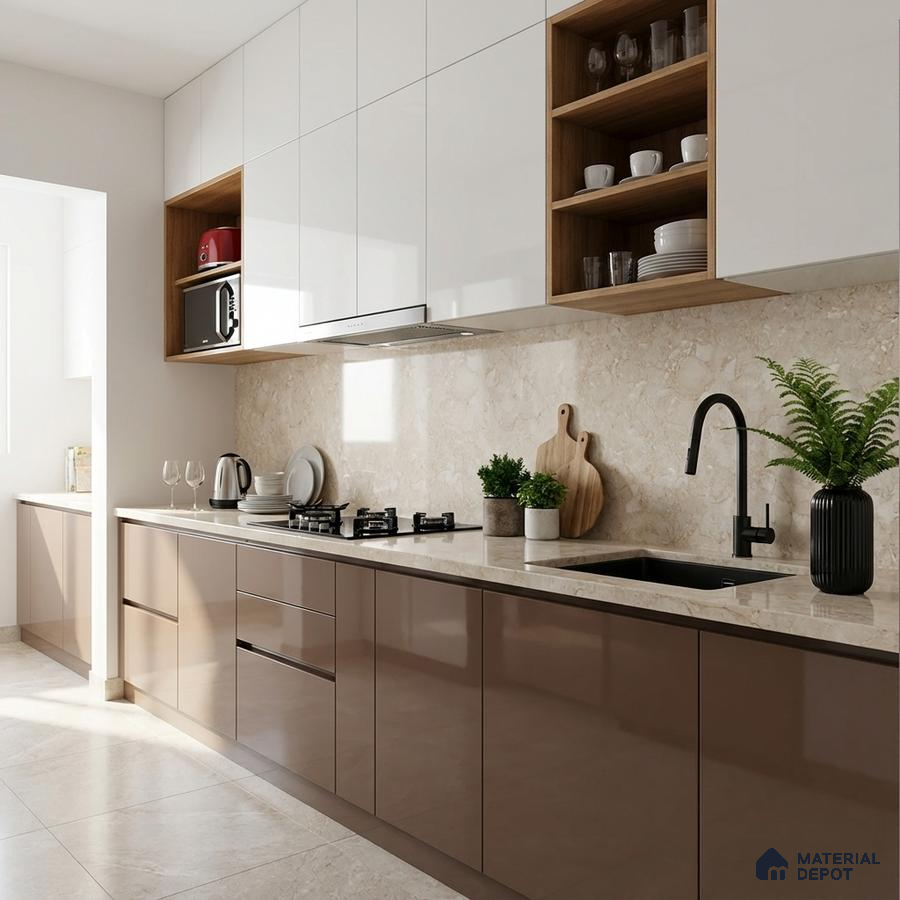 Modern kitchen with glossy taupe and white laminate, beige marble backsplash, and countertop