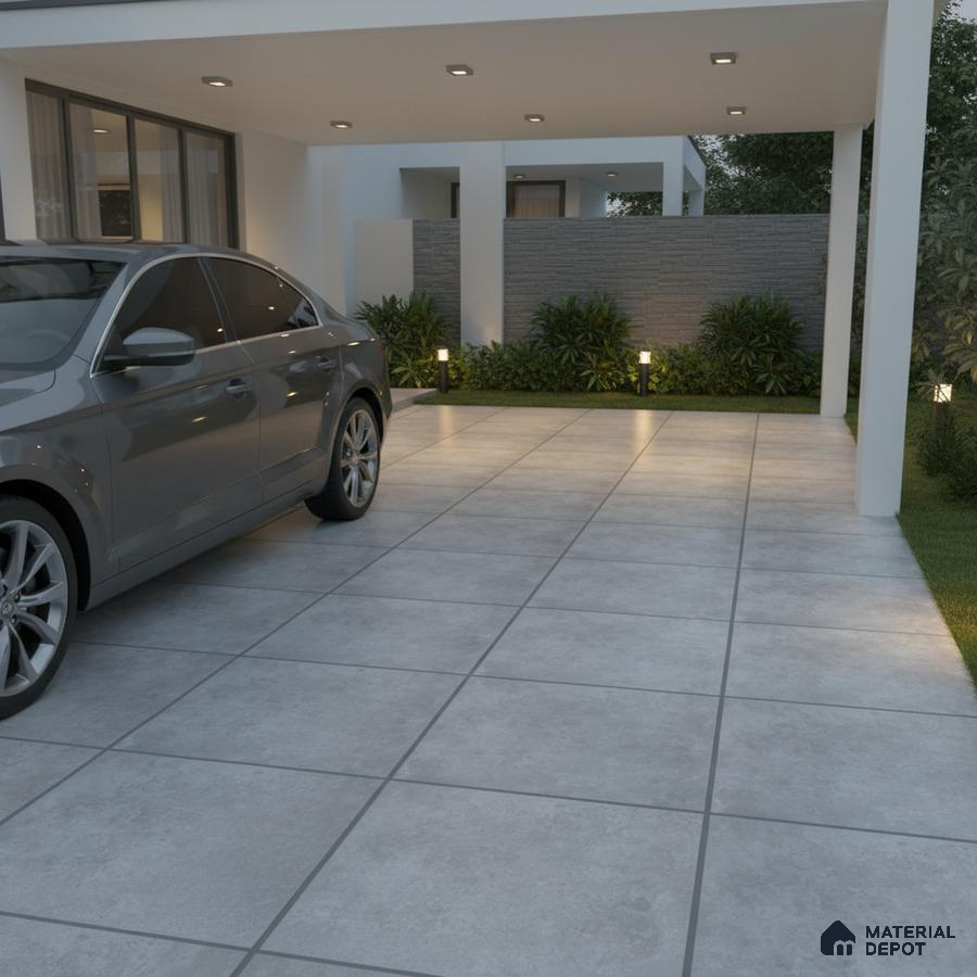 Modern parking with large format grey stone-look floor tiles and minimal landscaping