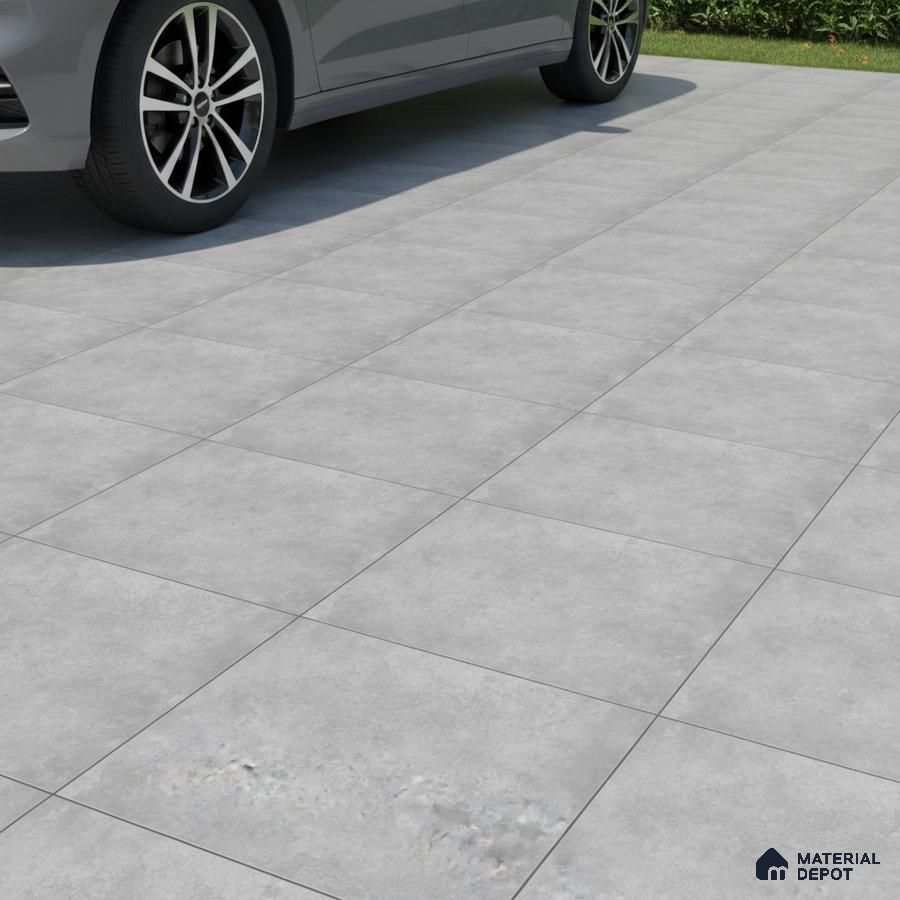 Modern parking area with light grey cement-look anti-skid floor tiles