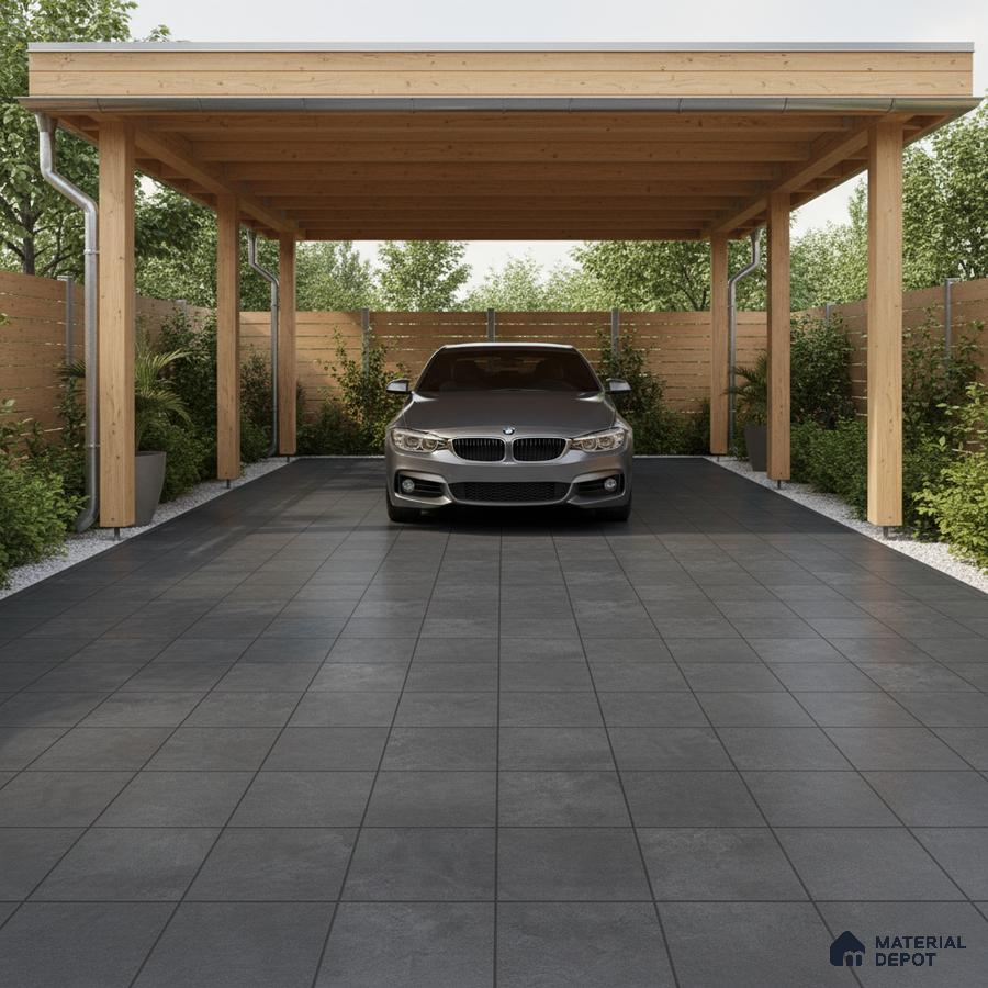 Modern parking with charcoal grey floor tiles and natural wood pergola structure
