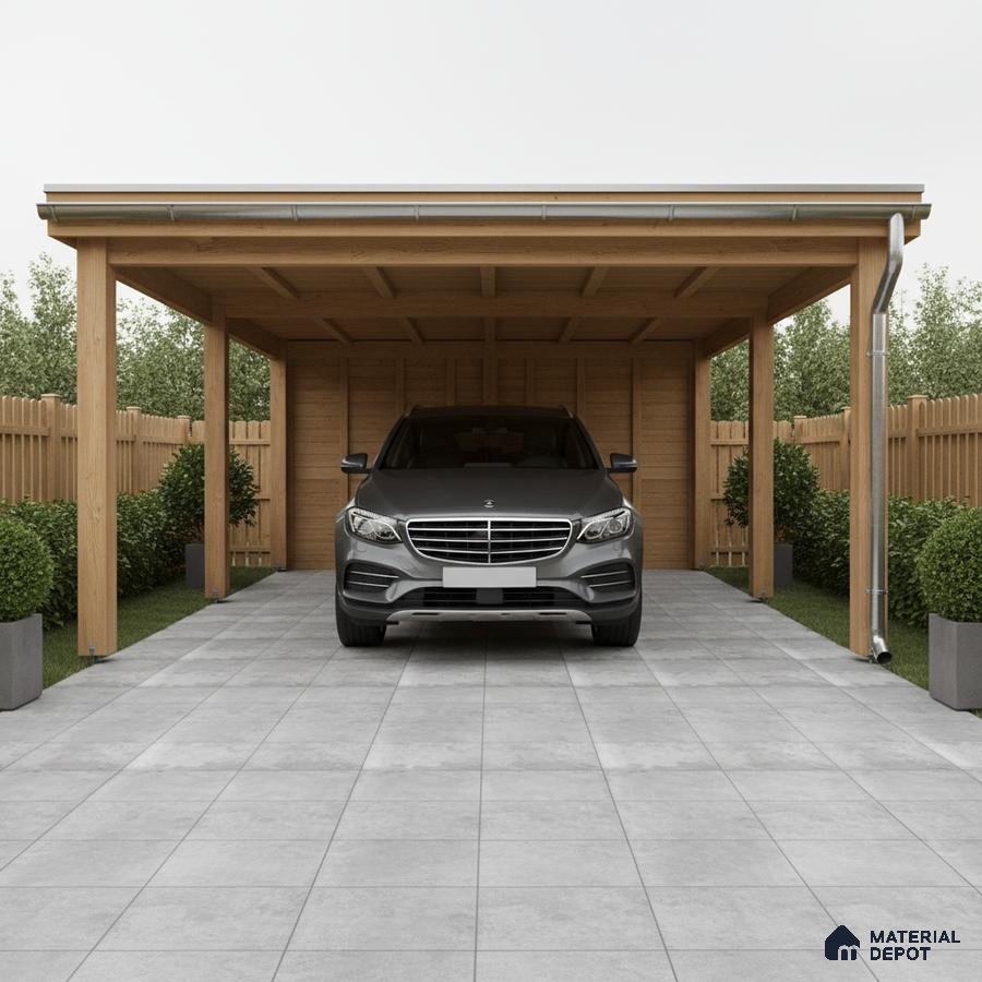 Modern parking with light grey concrete floor tiles and natural wood structure