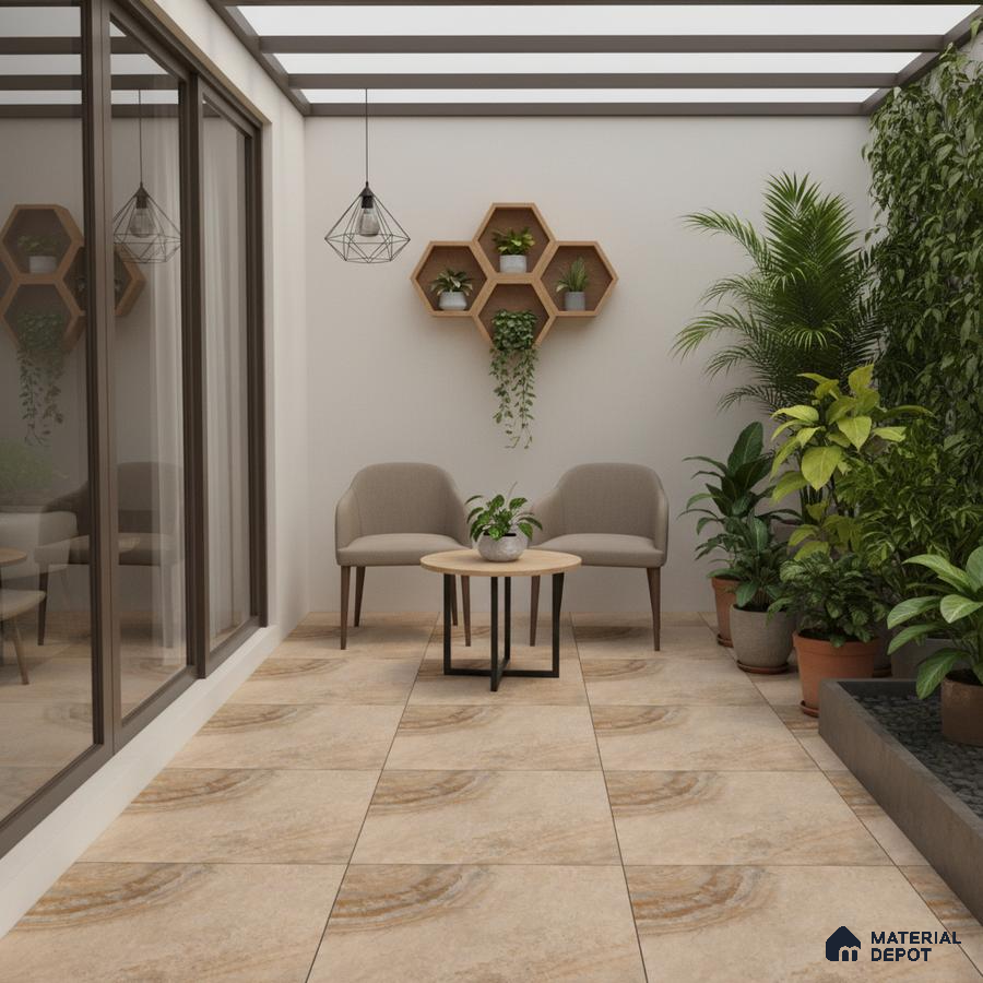 Modern balcony with beige stone-look floor tiles and wooden hexagonal wall shelves