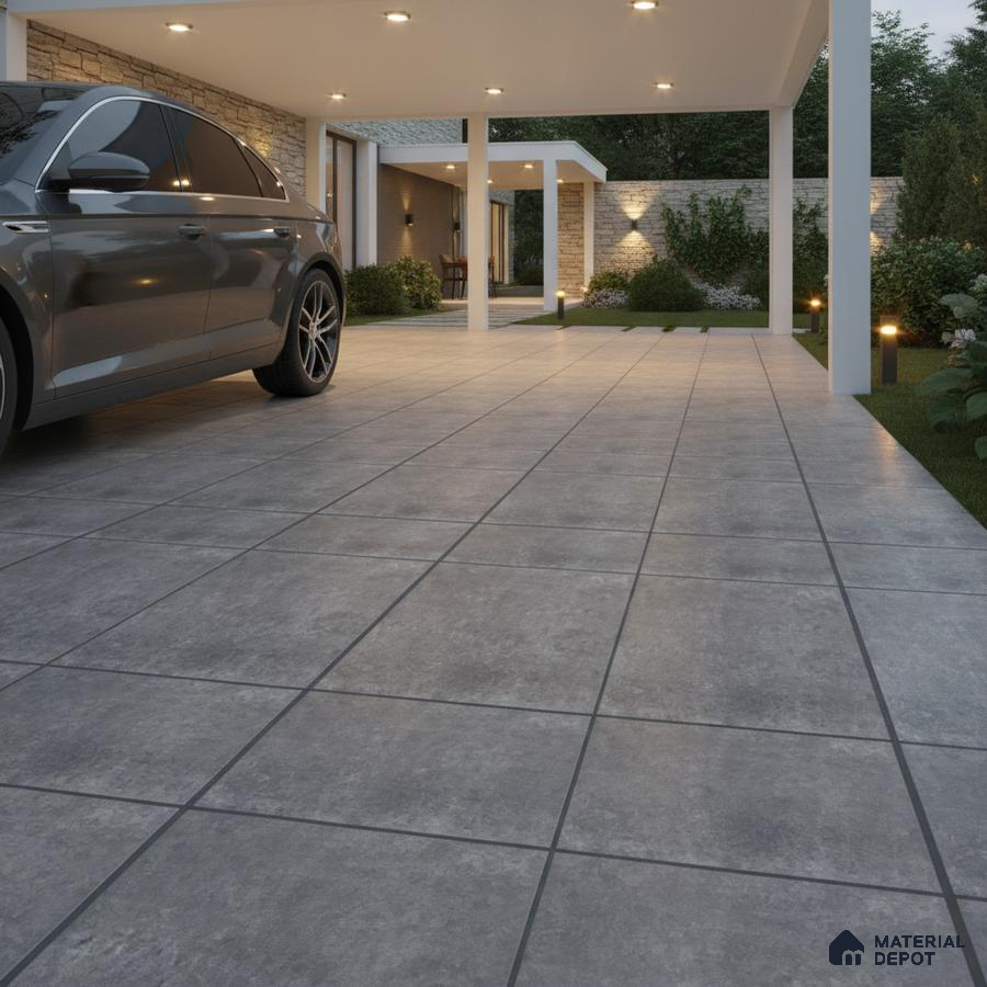 Modern parking with grey stone-look floor tiles and exterior stone cladding