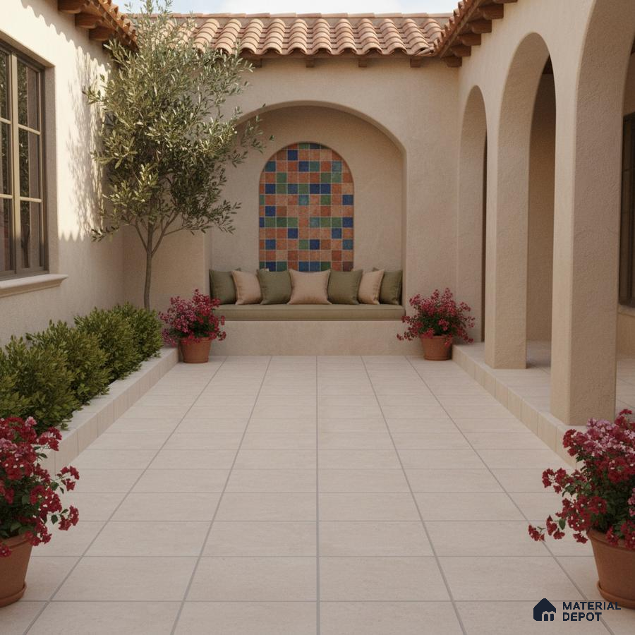 Mediterranean outdoor courtyard with terracotta roof, beige floor tiles, and colorful mosaic wall tiles