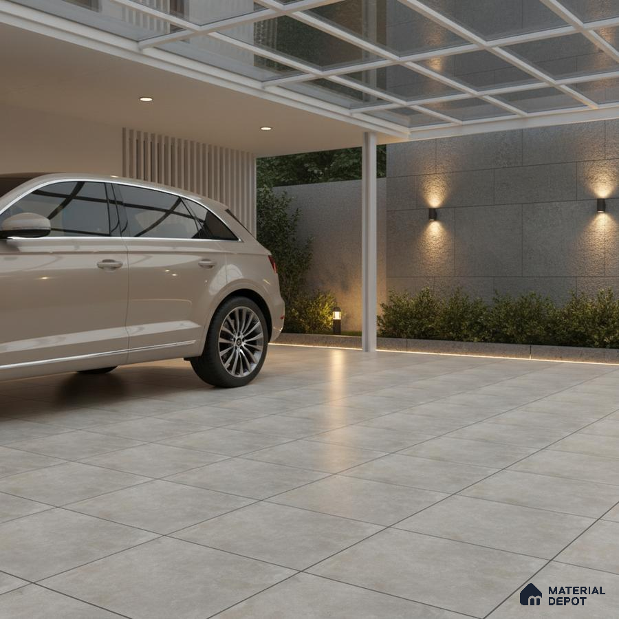 Modern parking with matte grey stone-look floor tiles and glass roof canopy