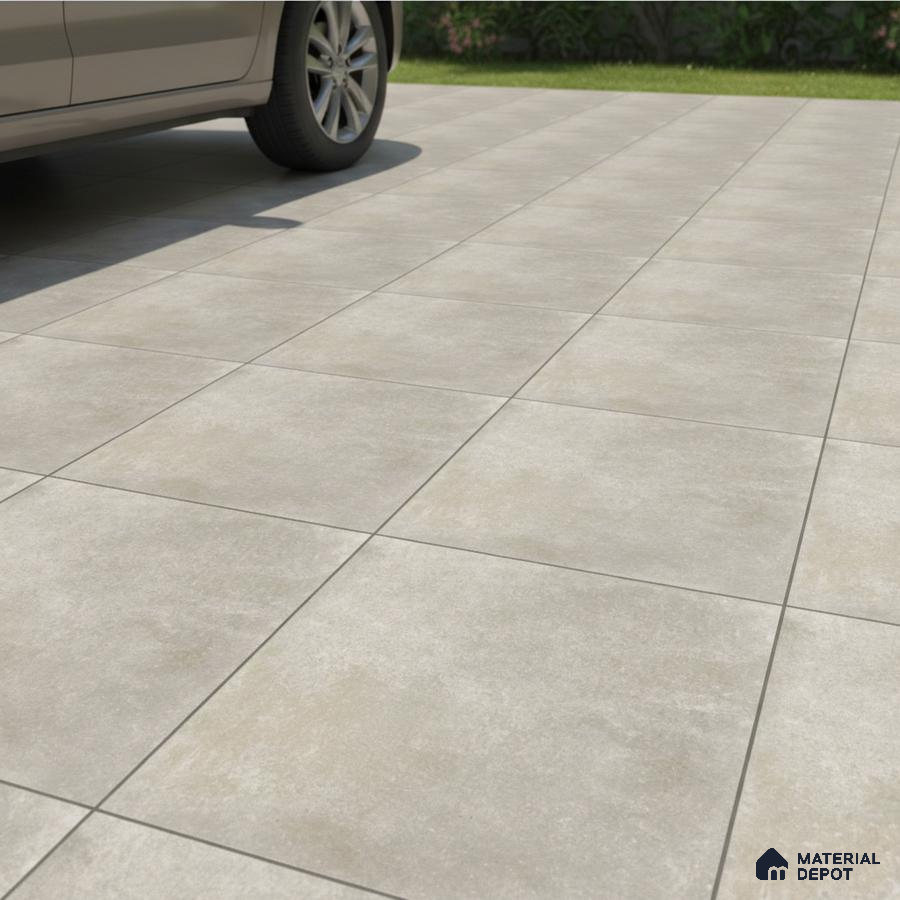 Modern parking area with light grey stone-look matte floor tiles