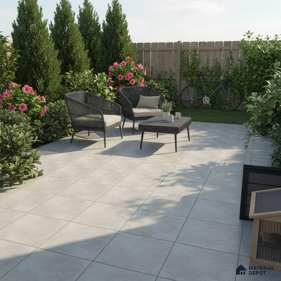 Modern outdoor patio with grey stone-look floor tiles and wicker furniture
