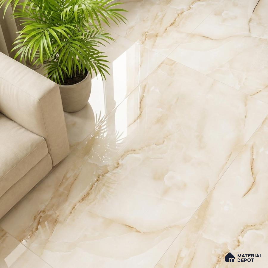 Modern living room with glossy beige marble-look floor tiles and neutral sofa